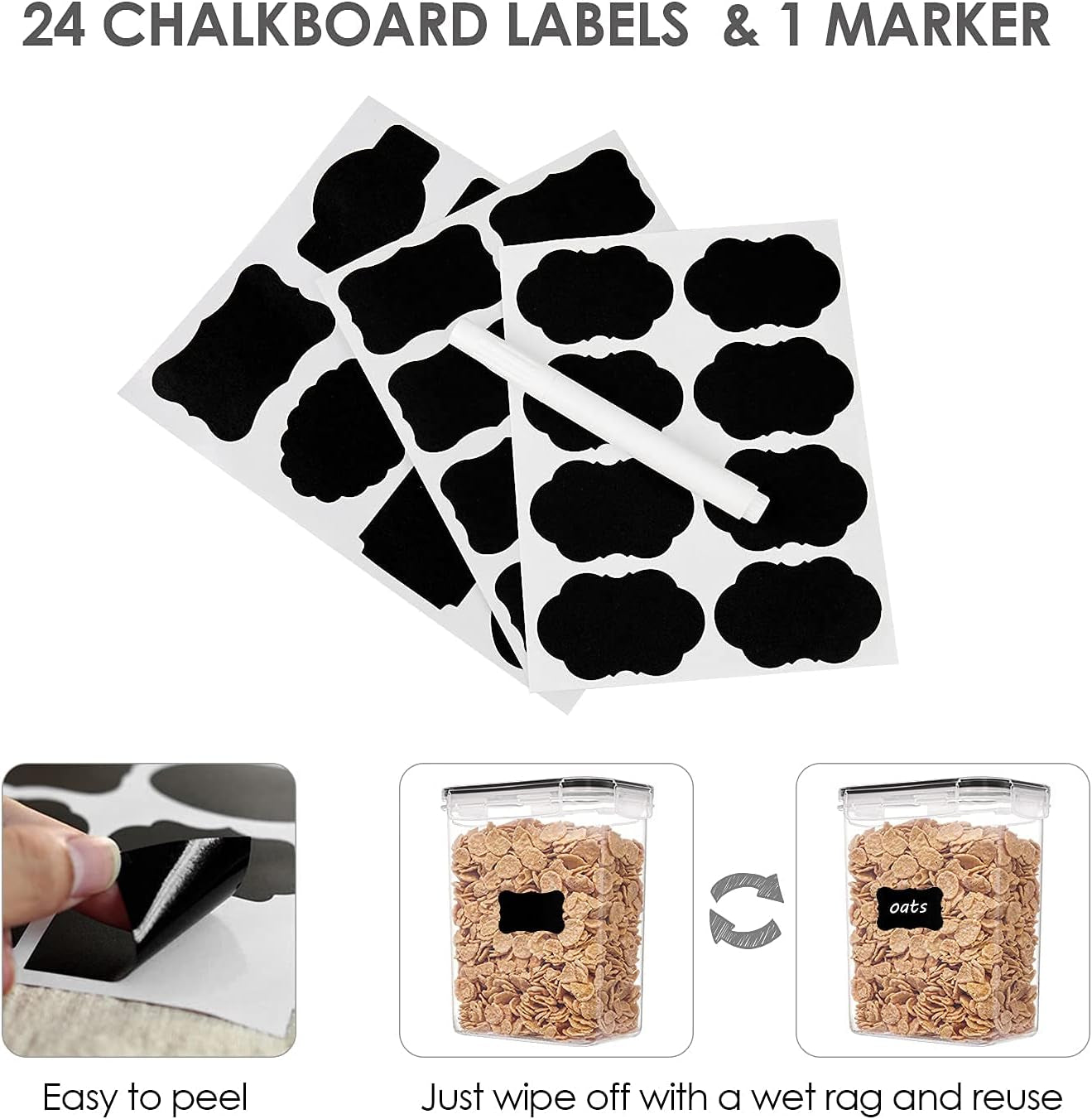 Airtight Food Storage Containers with Lids, 24 Pcs Plastic Kitchen and Pantry Organization Canisters for Cereal, Dry Food, Flour and Sugar, BPA Free, Includes 24 Labels,Black