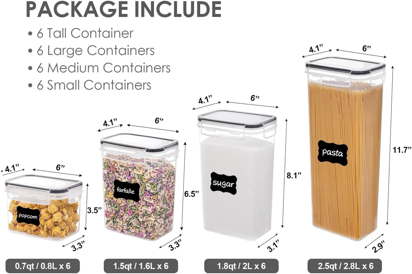 Airtight Food Storage Containers with Lids, 24 Pcs Plastic Kitchen and Pantry Organization Canisters for Cereal, Dry Food, Flour and Sugar, BPA Free, Includes 24 Labels,Black