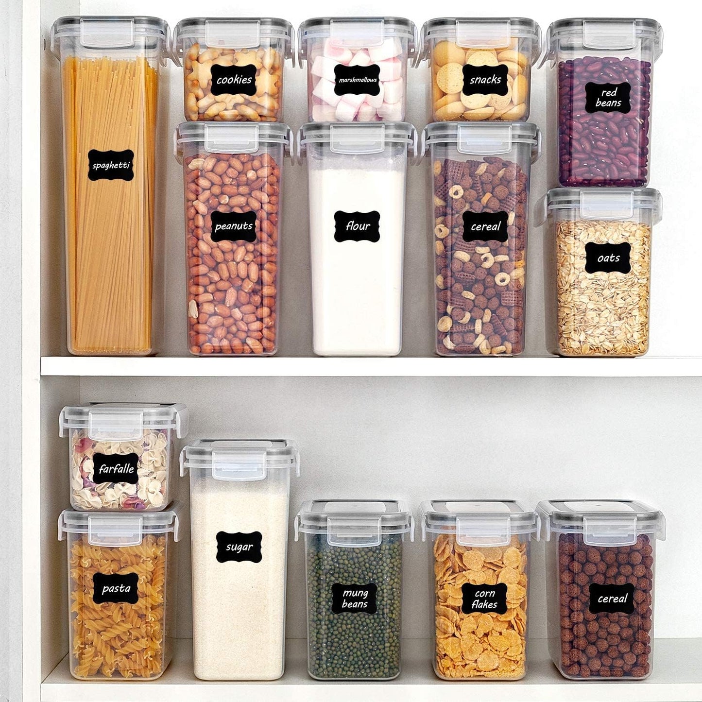 Airtight Food Storage Containers with Lids, 24 Pcs Plastic Kitchen and Pantry Organization Canisters for Cereal, Dry Food, Flour and Sugar, BPA Free, Includes 24 Labels,Black